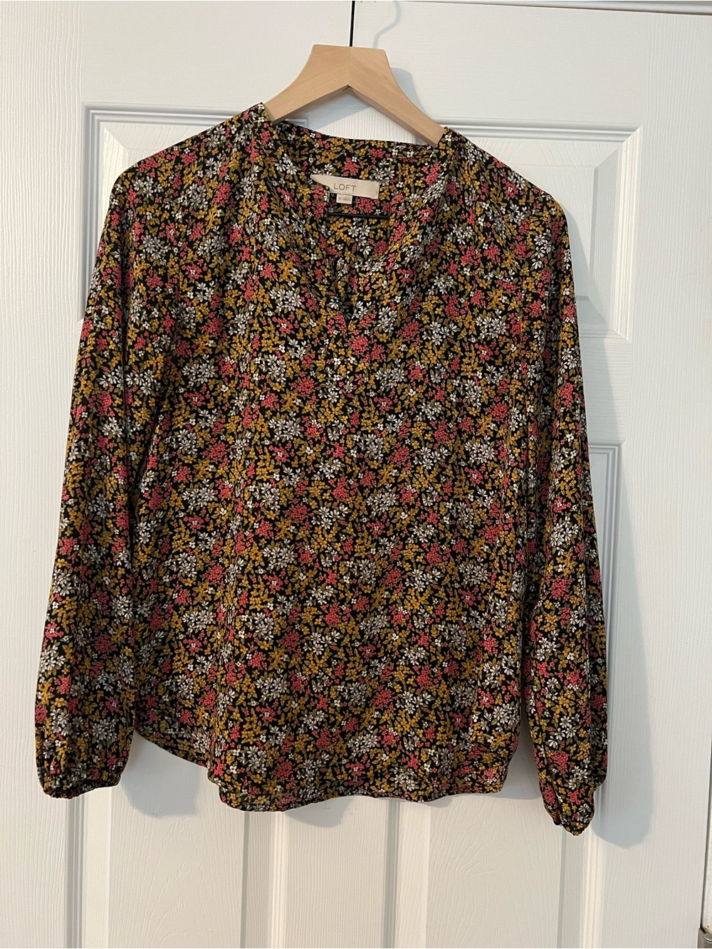LOFT Black Floral Long-Sleeve Blouse with Pink and Gold Accents